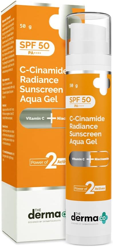 The Derma Co C-Cinamide Sunscreen SPF 50 Aqua Gel, with Vitamin C & Niacinamide, PA++++, Lightweight, No White Cast for Sun Protection & Glowing Skin - 50gm