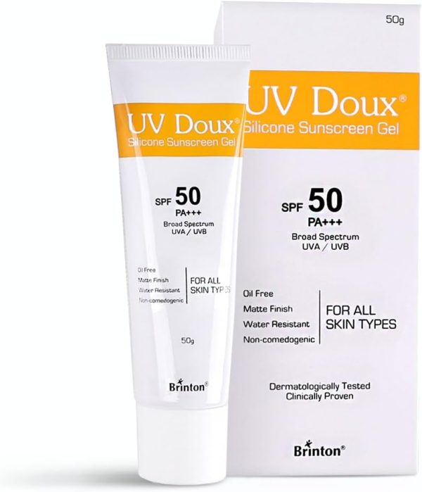 Brinton UV Doux Lightweight Sunscreen Gel with SPF 50 and PA+++ Broad Spectrum for Face & Body with No White Cast| Non Comedogenic, Paraben Free, Water Resistant | For All Skin Types, 50g