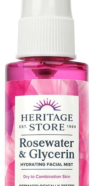 HERITAGE STORE Rosewater & Glycerin Hydrating Facial Mist - Dry Combination Skin Care - Rose Water Spray w/Vegetable Glycerine, Made Without Dyes or Alcohol, Hypoallergenic, Vegan, Cruelty Free, 2oz