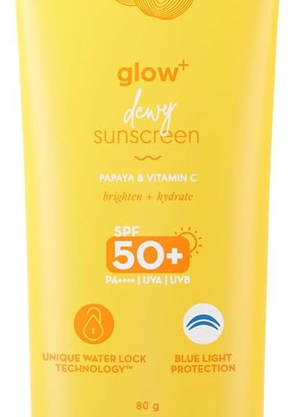 Aqualogica Glow+ Dewy Lightweight & Hydrating Sunscreen with SPF 50+ & PA++++ for UVA/B & Blue Light Protection & No White Cast for Men & Women -Oily, Combination & Glowing Skin -80g