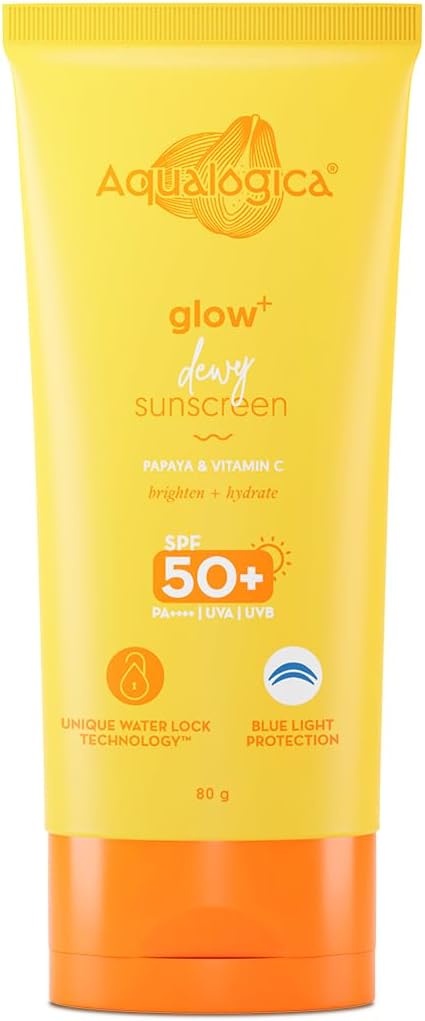 Aqualogica Glow+ Dewy Lightweight & Hydrating Sunscreen with SPF 50+ & PA++++ for UVA/B & Blue Light Protection & No White Cast for Men & Women -Oily, Combination & Glowing Skin -80g