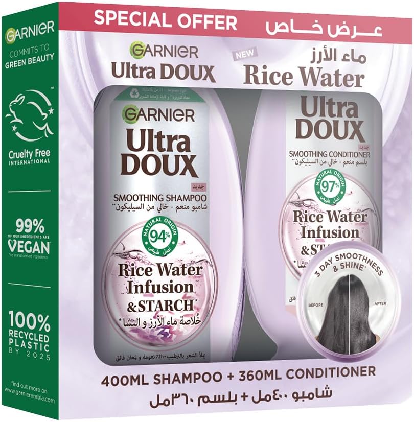 Garnier Ultra Doux Rice Water and Starch Infusion Shampoo, 400 ml + conditioner 360 ml