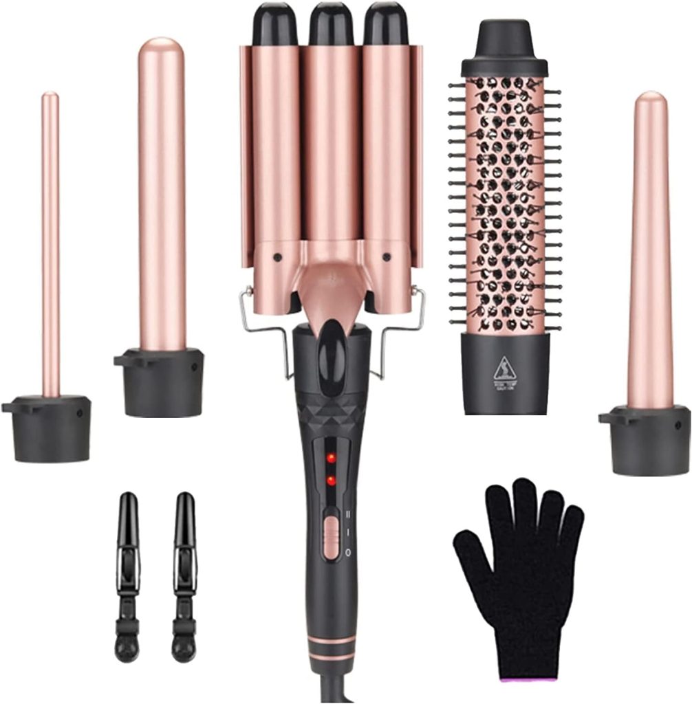 Beauenty Curling Wand Set, 5-IN-1 Hair Curler Iron, Professional Curling Wand Set, Instant Heat Up Hair Curler with 5 Interchangeable Ceramic Barrels (9-32mm), with Heat Protective Glove & 2 Clips (D)