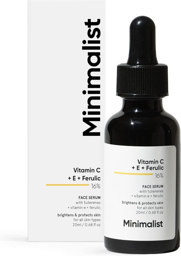 Minimalist 16% Vitamin C Face Serum (Advanced) With Vit E, & Ferulic Acid For Glowing Skin | Advanced Brightening Formula With Power of Vit C & E, Ferulic Acid & Fullerenes