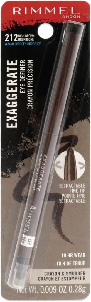 Rimmel London Exaggerate Waterproof Eye Definer Eyeliner, Highly Pigmented, Long-Wearing, Built-In Smudger, 212, Rich Brown, 0.01oz