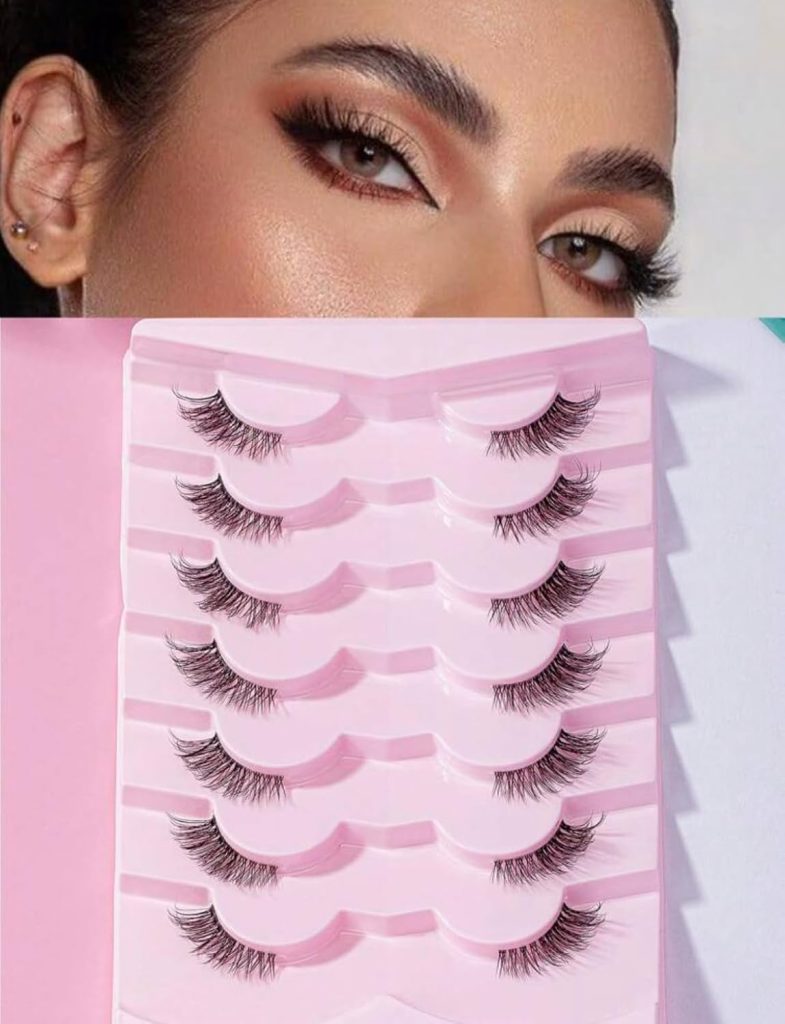 Suerte False lashes Black half cat eye Falsies 7 Pairs Casual Daily Wear Transparent Stem 3d Cross Design Eyelashes For Eye Enlarging, 0.5-1.3mm No Glue