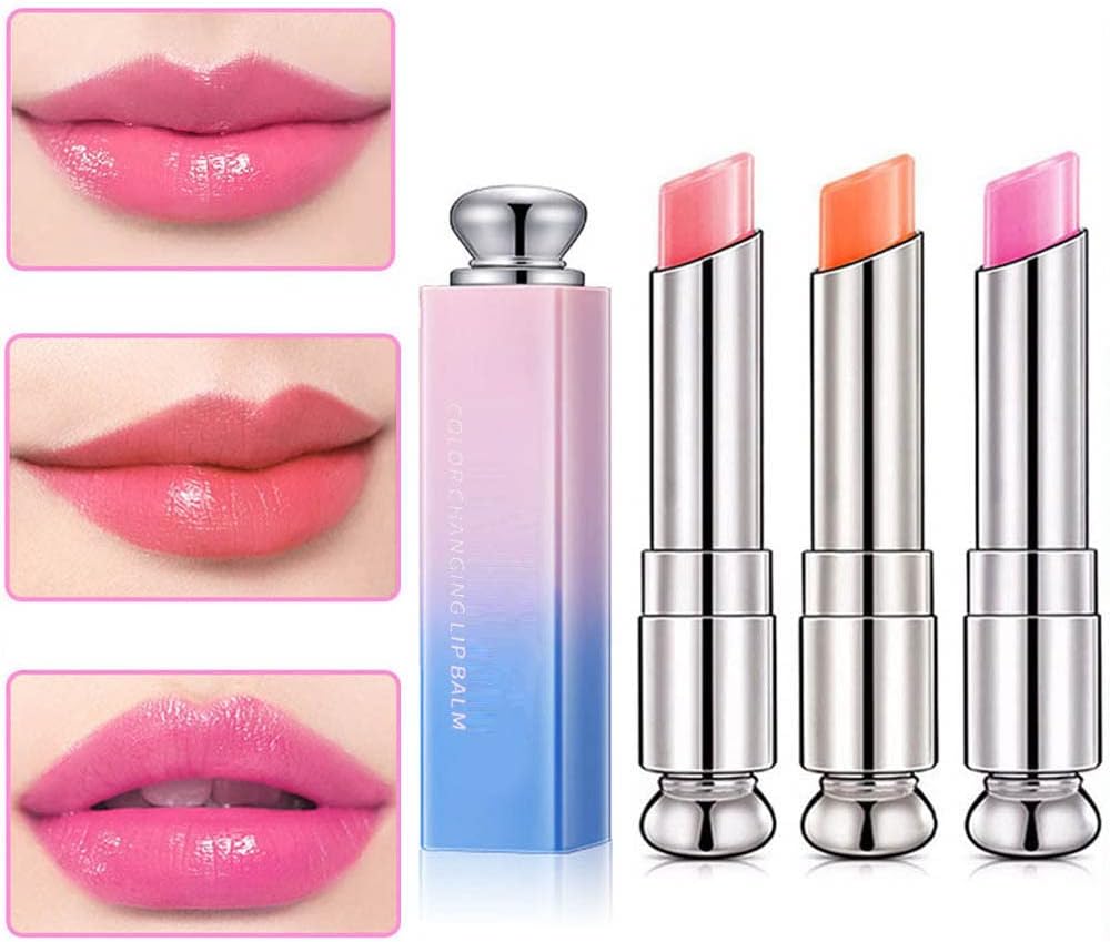 evpct 3Pcs Peach Strawberry Orange Color Changing Change Lipstick Lip Balm Set for Women Korean Magic Lipstick Color Change Changing Lip Tint Tinted Stain Balm Long Lasting Waterproof Crystal Lipstick