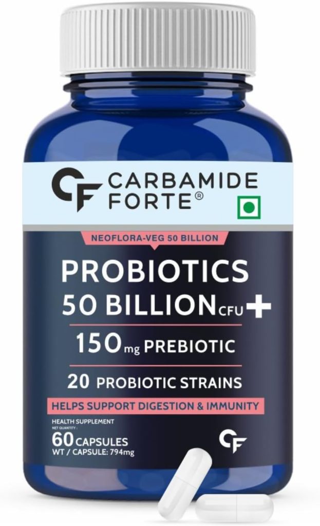 Carbamide Forte Probiotics Supplement 50 Billion Cfu For Women & Men With Prebiotics 150 mg | Probiotic Capsules For Digestion Support, Gut Health And Immunity – 60 Veg Capsules