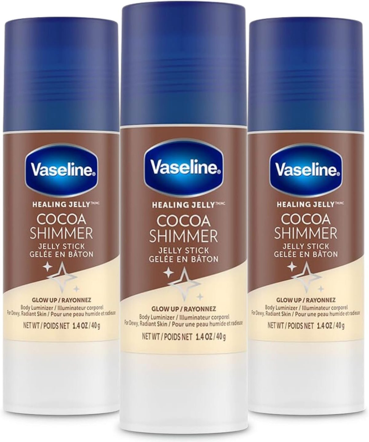 Vaseline Unilever Cocoa Shimmer Jelly Stick GLOW UP Body Luminizer For Dewy Radiant Skin 1.4 oz - 3 Count