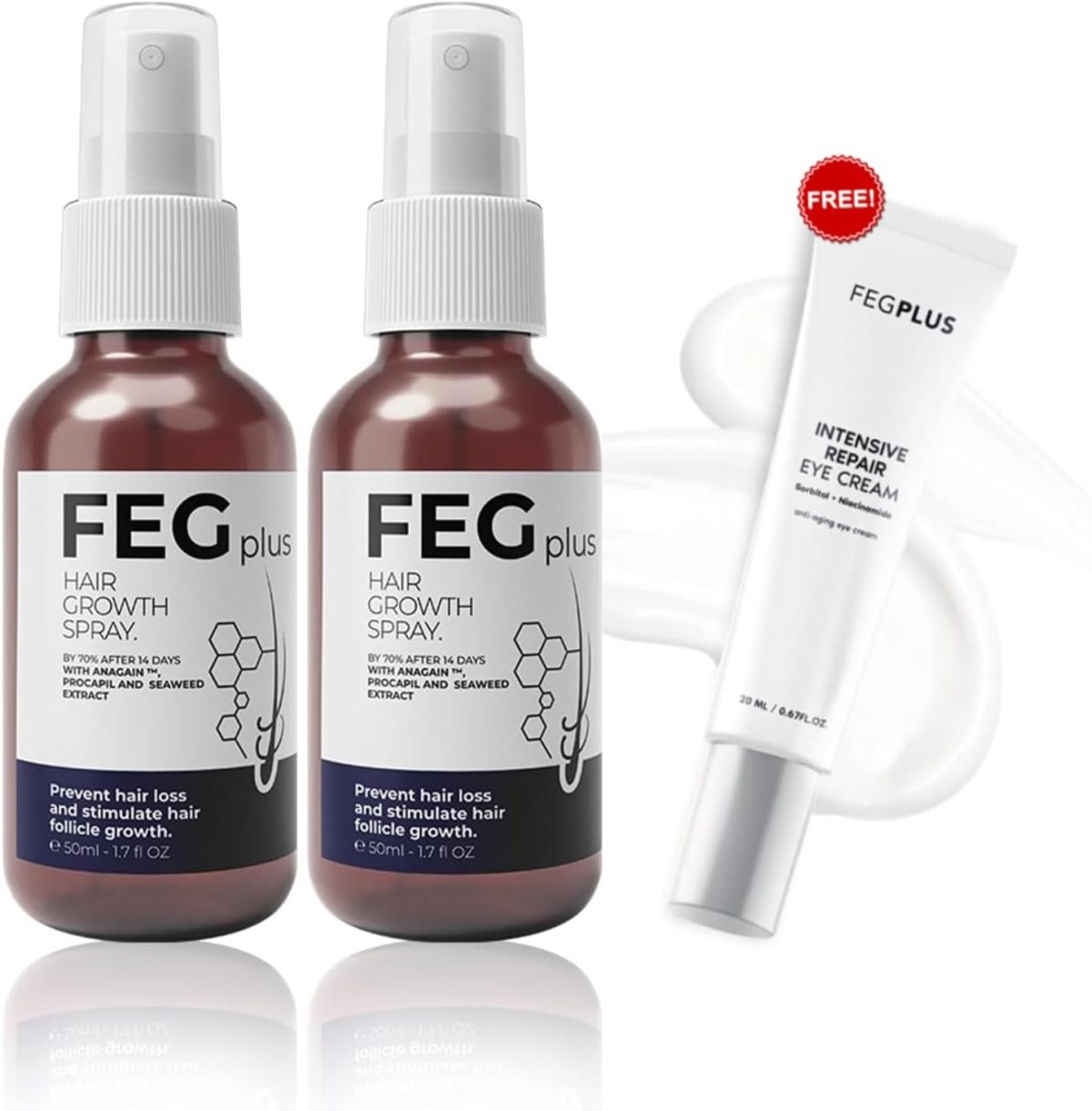 FEGPLUS 2PCS Hair Growth Serum with Gift Eyecream | 22% Seaweed Rosemary Extract, Minoxidil 5% For Hair Oil Regrowth Treatment, Hair Loss Control | Beard & Hair Growth Spray Serum For Men Women (50ml)