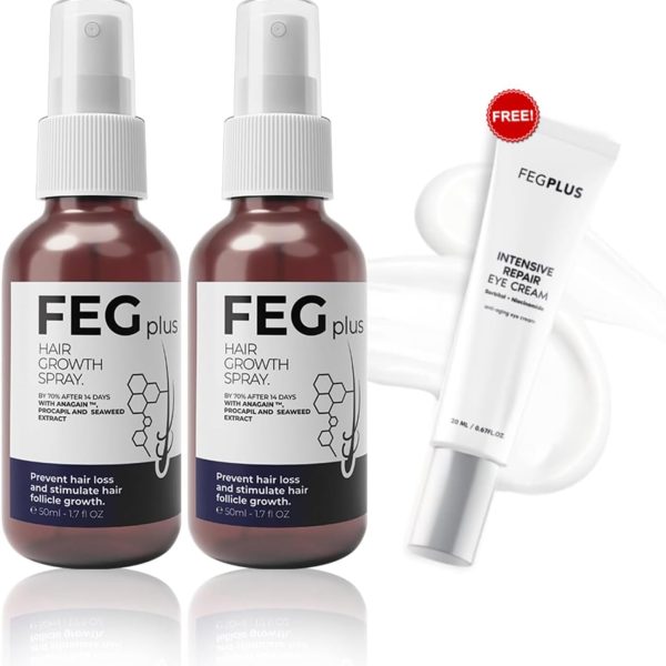 FEGPLUS 2PCS Hair Growth Serum with Gift Eyecream | 22% Seaweed Rosemary Extract, Minoxidil 5% For Hair Oil Regrowth Treatment, Hair Loss Control | Beard & Hair Growth Spray Serum For Men Women (50ml)