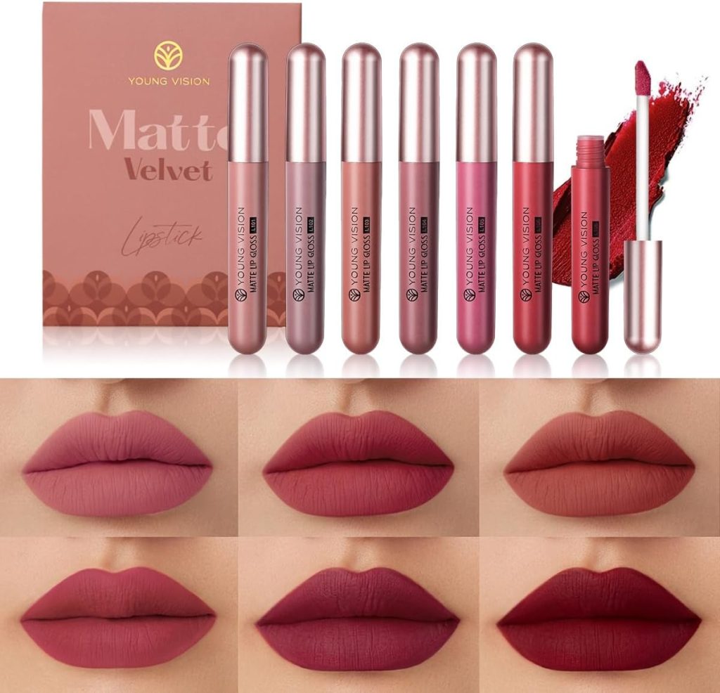 YOUNG VISION 6-Pc Matte Nude Liquid Lipstick Set - Long-Lasting & Pigmented Shades, Lip Gloss Bundle Gift Collection for Girls/Women