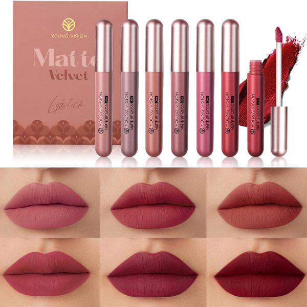 YOUNG VISION 6-Pc Matte Nude Liquid Lipstick Set - Long-Lasting & Pigmented Shades, Lip Gloss Bundle Gift Collection for Girls/Women