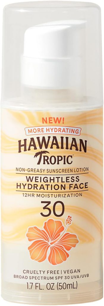 Hawaiian Tropic Oil Free Sunscreen Lotion Wieghtless Hydration for Face, SPF 30 UVA/ UVB Derm tested, 12hrs Moisturizaton,Wont Clof Pores, No Oxybenzone - 50ml