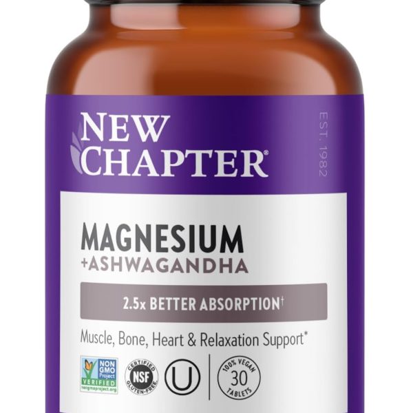 New Chapter Magnesium, New Chapter Magnesium + Ashwagandha Supplement, 2.5X Absorption, Muscle Recovery, Heart & Bone Health, Calm & Relaxation, Gluten Free, Non-GMO - 30 ct