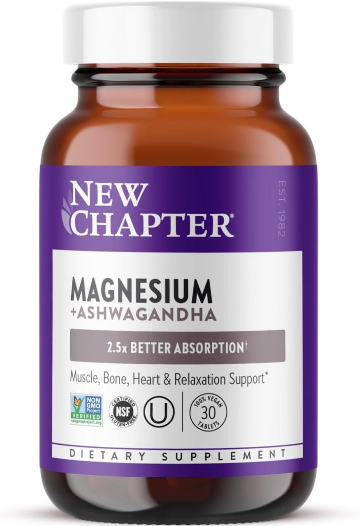 New Chapter Magnesium, New Chapter Magnesium + Ashwagandha Supplement, 2.5X Absorption, Muscle Recovery, Heart & Bone Health, Calm & Relaxation, Gluten Free, Non-GMO - 30 ct