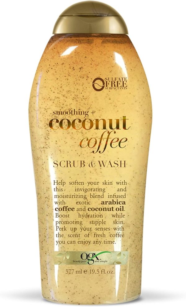 OGX Smoothing + Coconut Coffee Exfoliating Body Scrub with Arabica Coffee & Coconut Oil, Moisturizing Body Wash for Dry Skin, Paraben-Free with Sulfate-Free Surfactants, 19.5 Fl Oz