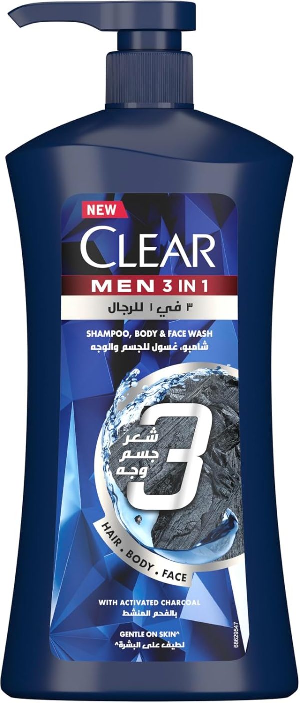 CLEAR MEN Complete Care 3in1 Shampoo, For Hair, Face & Body With Activated Charcoal, for 100% dandruff free hair and moisturized skin, 900ml