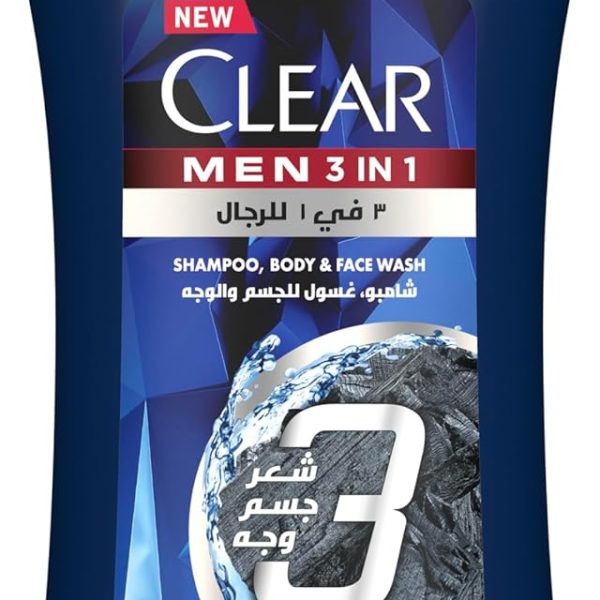 CLEAR MEN Complete Care 3in1 Shampoo, For Hair, Face & Body With Activated Charcoal, for 100% dandruff free hair and moisturized skin, 900ml