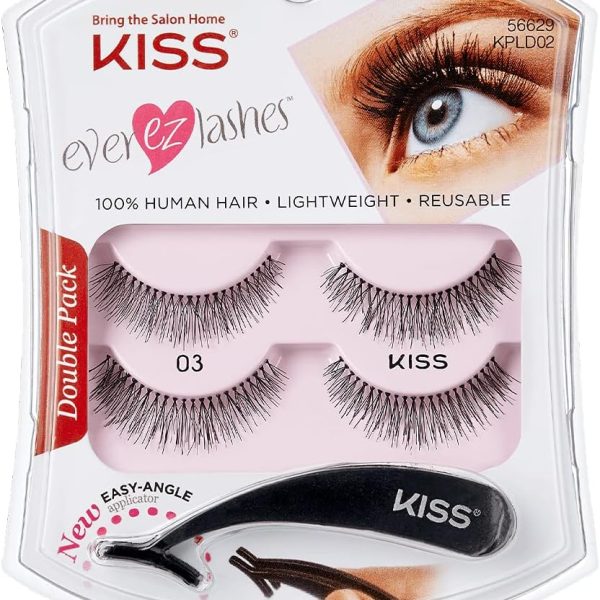 KISS Ever EZ Lashes Double Pack No. 03, Reusable Natural Eyelash Starter Kit, Includes Easy-Angle Applicator and 2 Pairs Human Hair False Eyelashes