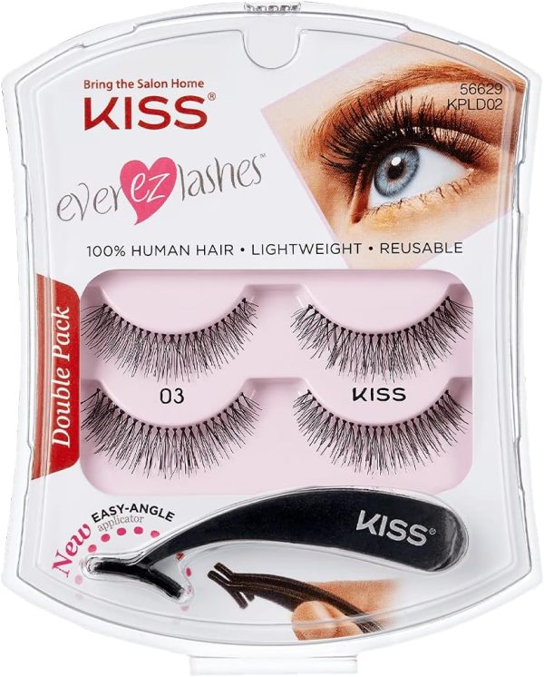 KISS Ever EZ Lashes Double Pack No. 03, Reusable Natural Eyelash Starter Kit, Includes Easy-Angle Applicator and 2 Pairs Human Hair False Eyelashes