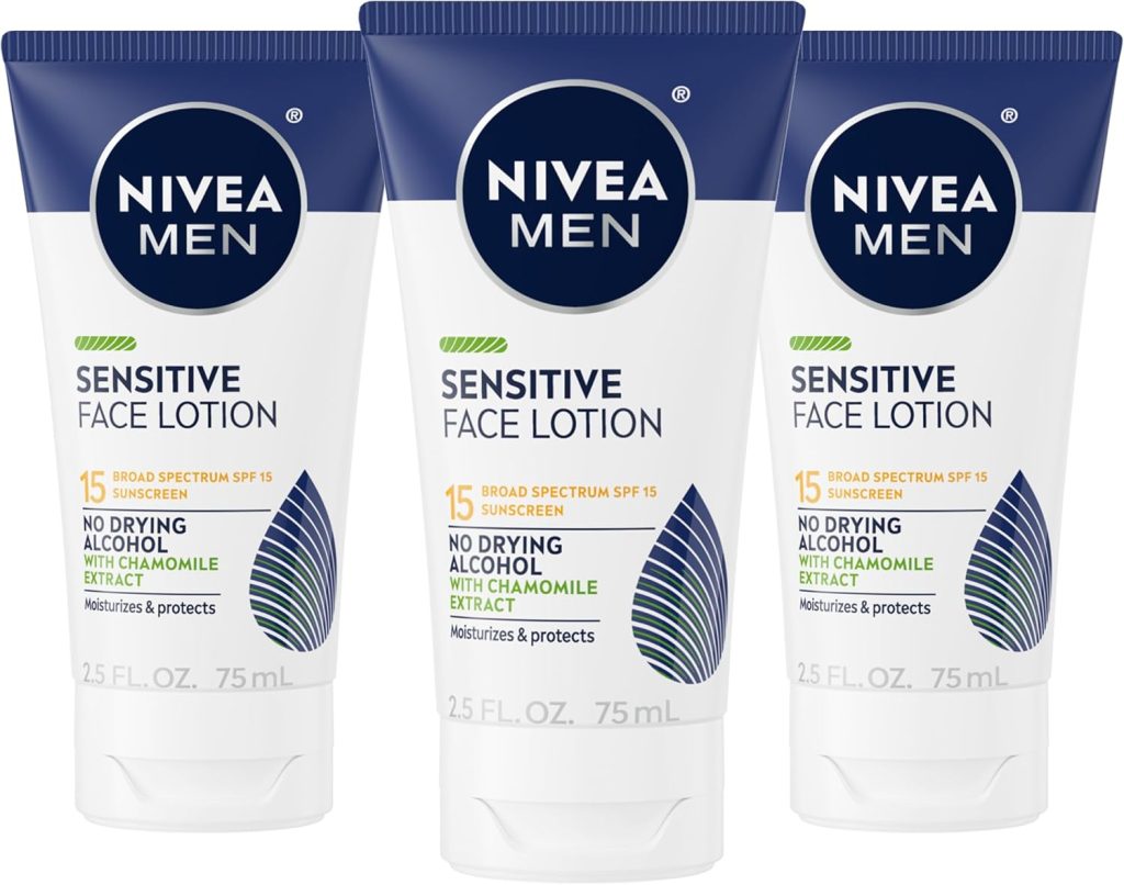 NIVEA Men Sensitive Protective Lotion - Moisturize With Broad Spectrum SPF 15 - 2.5 fl. oz. Bottle (Pack of 3)