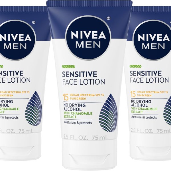 NIVEA Men Sensitive Protective Lotion - Moisturize With Broad Spectrum SPF 15 - 2.5 fl. oz. Bottle (Pack of 3)