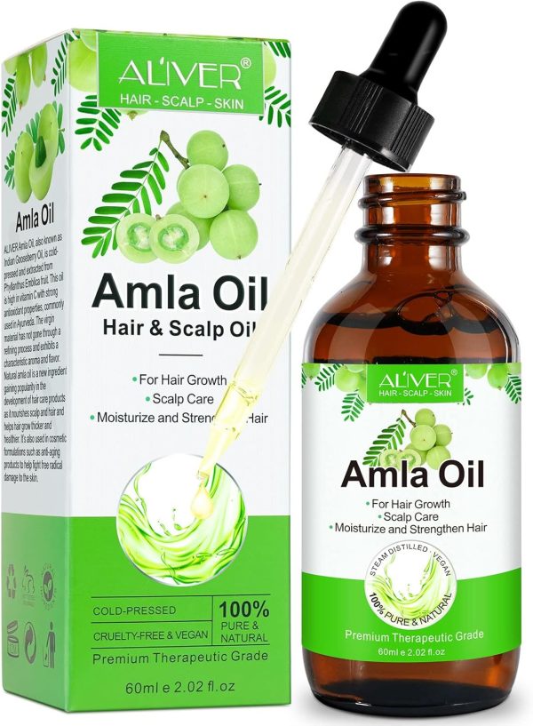 ALIVER Amla Oil, 2.02 Fl Oz 100% Pure Natural Organic Amla Hair Oil, Cold Pressed Amla Oil for Hair Growth, Moisturize Healthy and Strengthen Hair, Nourishes Scalp Hair Treatment Oils for Women & Men