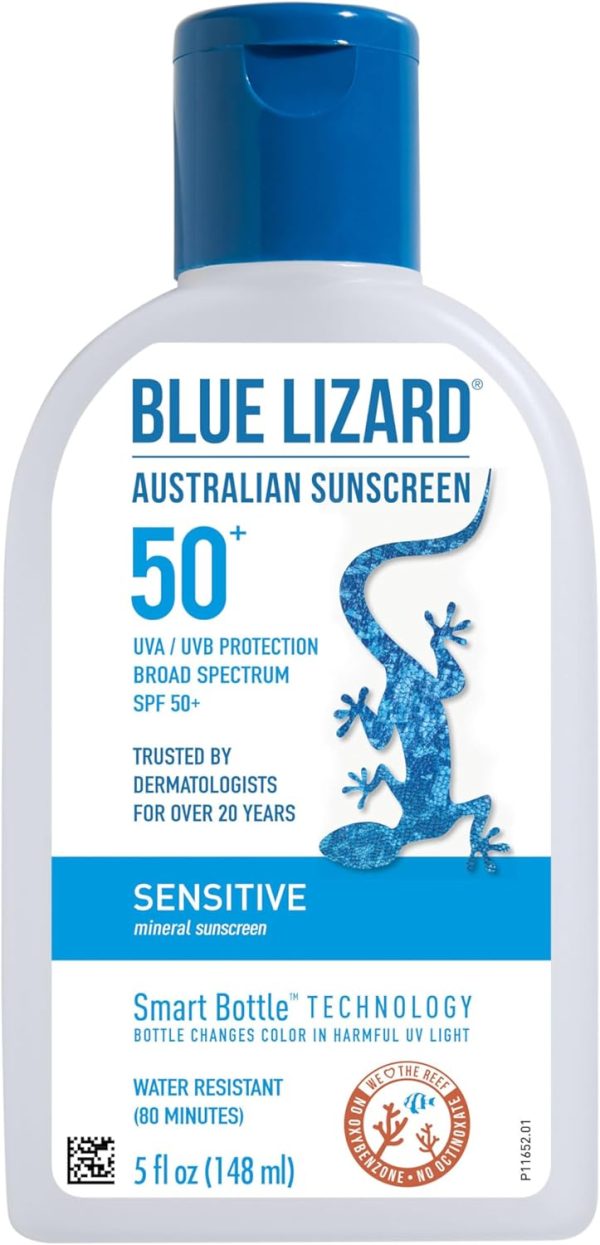 BLUE LIZARD Sensitive Mineral Sunscreen with Zinc Oxide, SPF 50+, Water Resistant, UVA/UVB Protection with Smart Bottle Technology - Fragrance Free, 5 oz