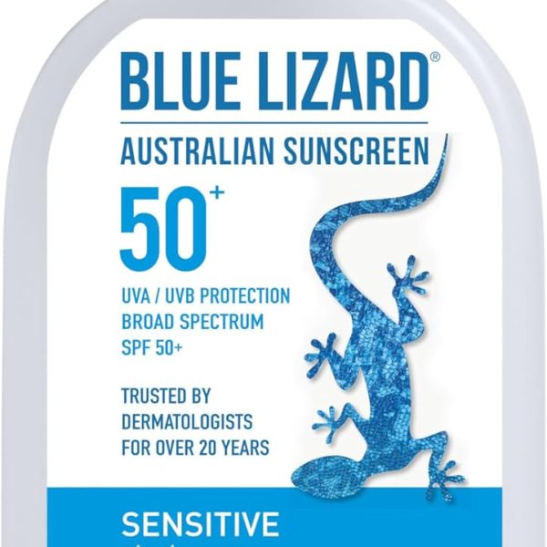 BLUE LIZARD Sensitive Mineral Sunscreen with Zinc Oxide, SPF 50+, Water Resistant, UVA/UVB Protection with Smart Bottle Technology - Fragrance Free, 5 oz