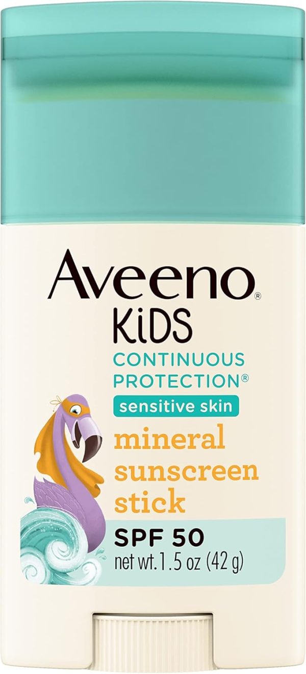 Aveeno Kids Continuous Protection Zinc Oxide Mineral Sunscreen Stick for Sensitive Skin, Face & Body Sunscreen Stick for Kids with Broad Spectrum SPF 50, Sweat- & Water-Resistant, 1.5 oz