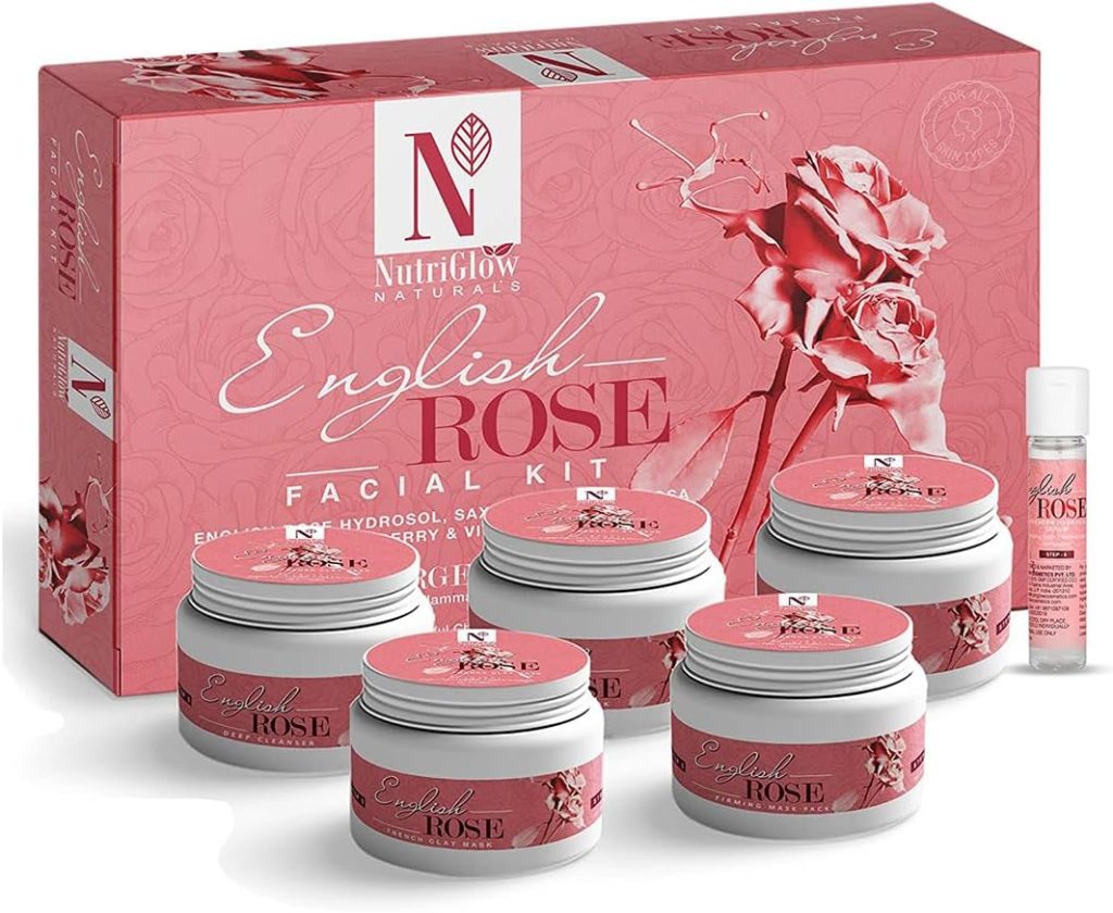 NUTRIGLOW Natural's English Rose Facial Kit for Women with Rose Extracts, Best for Reverse Aging, Hyper pigmentation Treatment & Dark Spots Removal, All Skin Types (8.8 Oz + 0.3 Fl Oz)