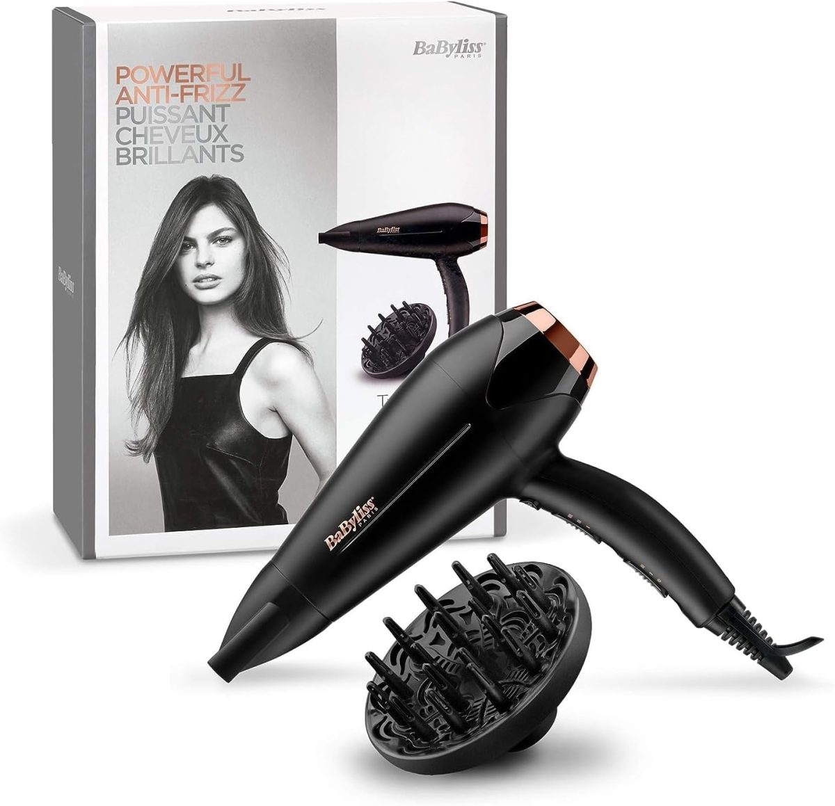 BaByliss DC Motor Hair Dryer, 2200W 3 Heat & 2 Speed Settings With Cool Shot Button, Ionic Technology For Frizz Free Hair, Comfortable Lightweight Black Design With Diffuser, D570SDE (Black)