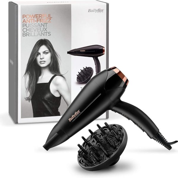 BaByliss DC Motor Hair Dryer, 2200W 3 Heat & 2 Speed Settings With Cool Shot Button, Ionic Technology For Frizz Free Hair, Comfortable Lightweight Black Design With Diffuser, D570SDE (Black)