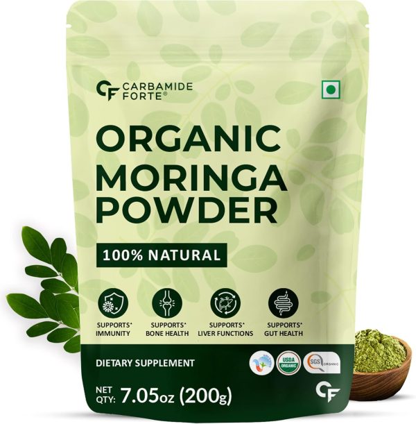 Carbamide Forte Moringa Powder Organic - Moringa Oleifera - USDA Certified Organic Moringa Powder for Immunity, Digestion & Energy - 200g Veg Drumstick Leaves Powder Organic