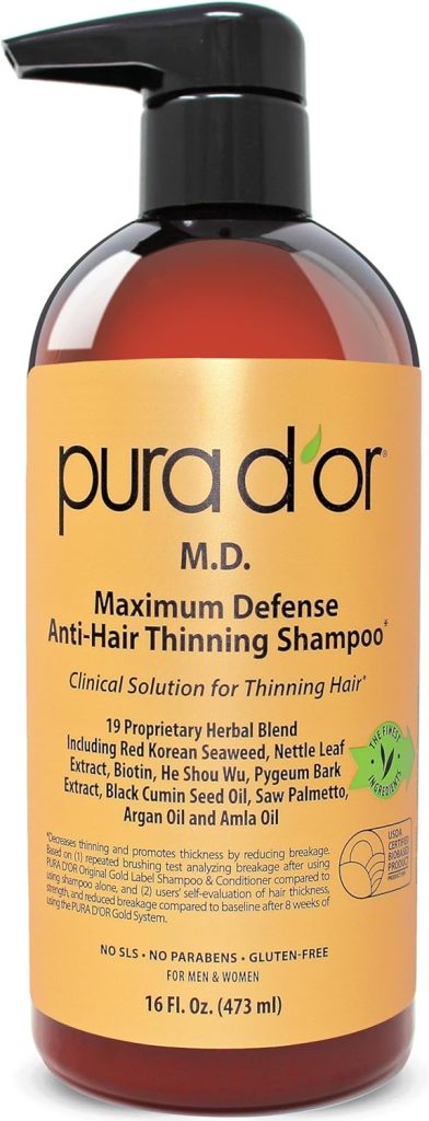 PURA D'OR Anti-Hair Thinning Shampoo - Dandruff & Thinning Hair 0.9% KETO-CONAZOLE & 0.5% Coal Tar, Biotin Shampoo for Dry & Itchy Scalp, Sulfate Free, Men & Women, 16 Fl Oz (Packaging May Vary)