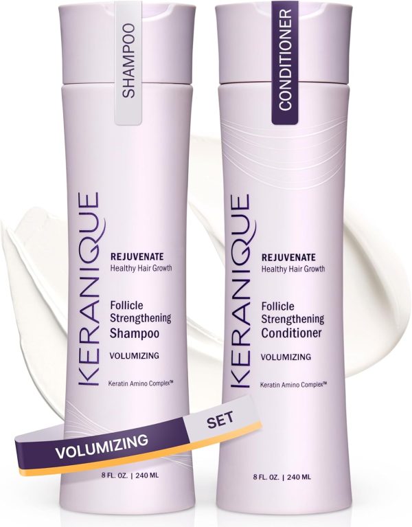 Keranique Keratin Shampoo and Conditioner Set for Fine Thinning Hair, Sulfates/Parabens Free, stimulates scalp to nourish/rejuvenate hair follicles for healthy Thicker Fuller Hair 8 OZ each