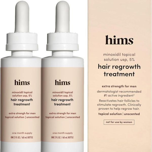 HIMS & HERS Extra Strength Hair Regrowth Treatment for Men with 5% Topical Minoxidil Solution for Hair Loss and Thinning Hair, Unscented, 2 Pack