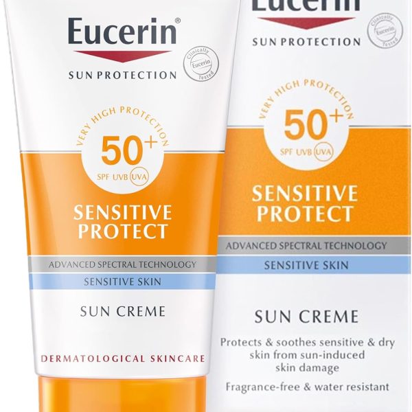 Eucerin Sun Sensitive Protect Facial Sunscreen, High UVA/UVB Protection, SPF 50+, Water-Resistant, Fragrance-Free, Sun Protection For Sensitive and Dry Skin, Suitable for Atopic Skin, 50ml