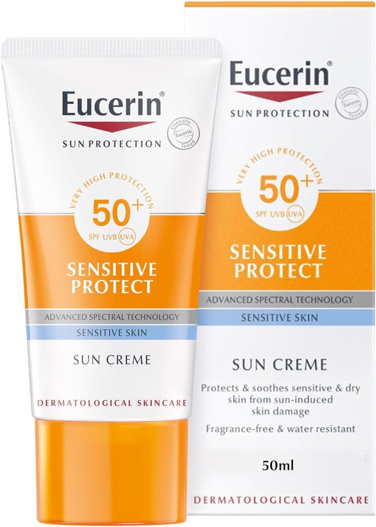 Eucerin Sun Sensitive Protect Facial Sunscreen, High UVA/UVB Protection, SPF 50+, Water-Resistant, Fragrance-Free, Sun Protection For Sensitive and Dry Skin, Suitable for Atopic Skin, 50ml