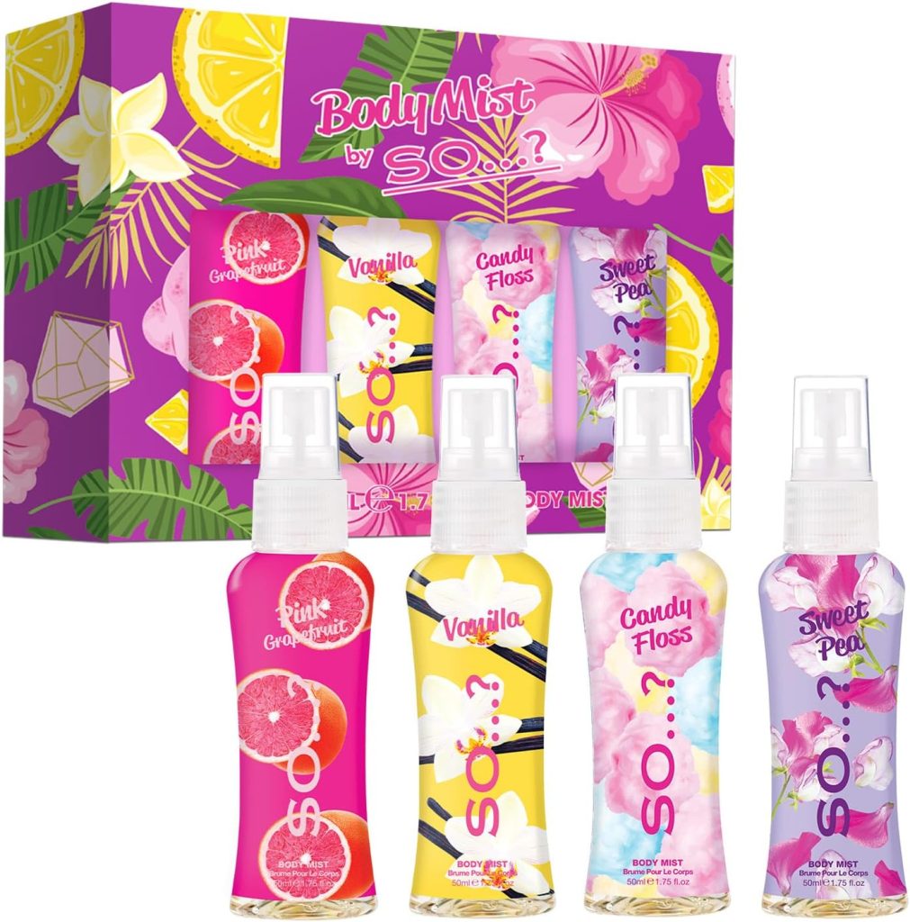 SO…? Body Mist Womens Mini Mist Body Mist Gift Set, with Pink Grapefruit, Vanilla, Candy Floss & Sweet Pea, Fragrance Spray Set (4x50ml)