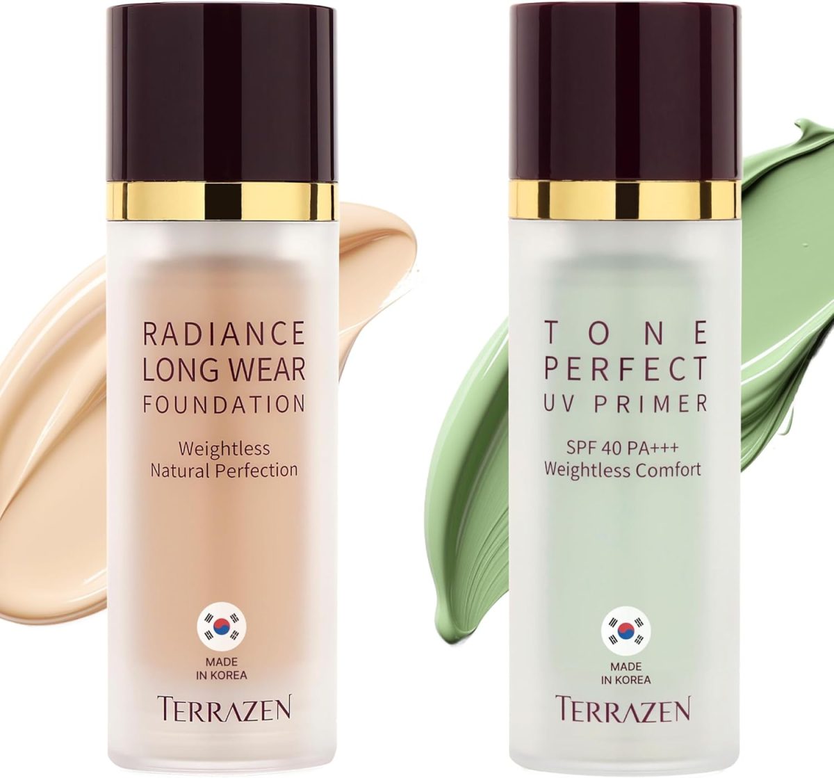 TERRAZEN Korean Makeup Bundle - Hydrating Face Primer SPF40 (Green) & Velvet Foundation Cream (Light Beige) - Color Correcting, Long-Lasting, Full Coverage for Red & Sensitive Skin