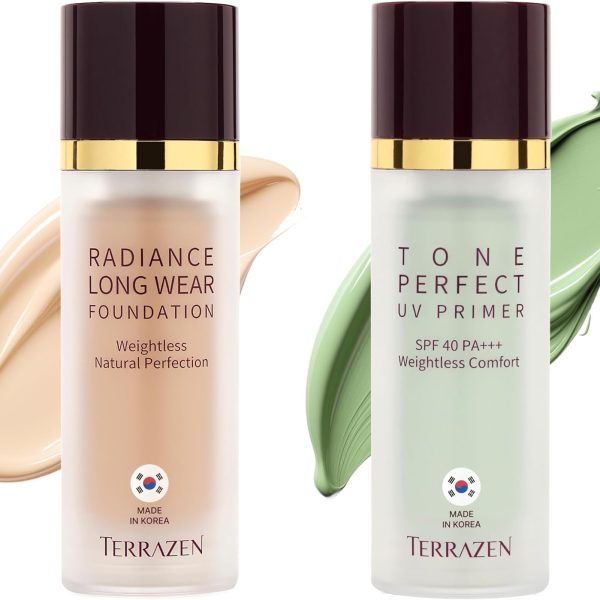 TERRAZEN Korean Makeup Bundle - Hydrating Face Primer SPF40 (Green) & Velvet Foundation Cream (Light Beige) - Color Correcting, Long-Lasting, Full Coverage for Red & Sensitive Skin