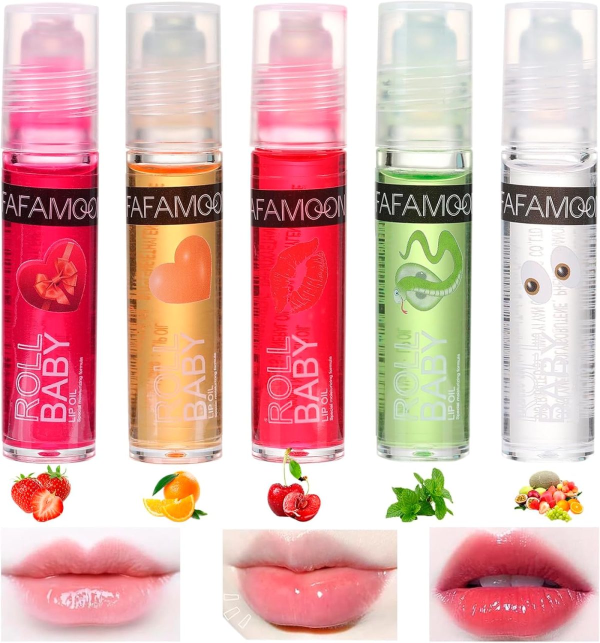 NALACAL Roll on Lip Oil Fruit Flavoured Lip Gloss Set, 5 PCS Moisturizing Transparent Plumping Lip Glow Oil, Hydrating Shiny and Vegan Tinted Lipgloss for Lip Care and Dry Lips