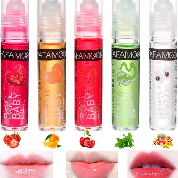 NALACAL Roll on Lip Oil Fruit Flavoured Lip Gloss Set, 5 PCS Moisturizing Transparent Plumping Lip Glow Oil, Hydrating Shiny and Vegan Tinted Lipgloss for Lip Care and Dry Lips