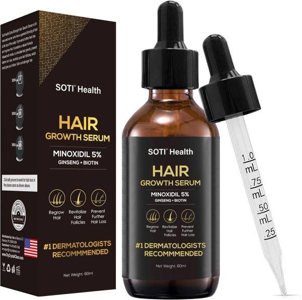 Soti 5% Minoxidil Hair Growth Serum, Hair Regrowth Treatment for Hair Loss with Ginseng, Biotin & Fo-Ti – Clinically Proven for Thicker & Stronger Hair, Dermatologists Recommended, 60ml