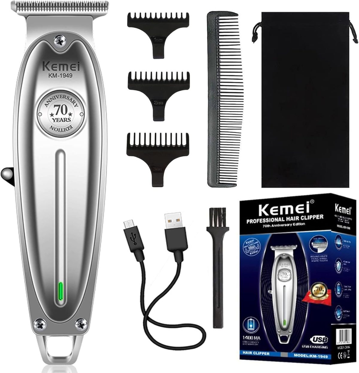 KEMEI 1949 Trimmer Professional Hair Clippers for Men Zero Gap Electric Cordless Beard/Hair Trimmer Rechargeable T-Blade Haircut Machine for Stylists and Barbers Grooming Kit, Silver