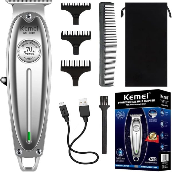 KEMEI 1949 Trimmer Professional Hair Clippers for Men Zero Gap Electric Cordless Beard/Hair Trimmer Rechargeable T-Blade Haircut Machine for Stylists and Barbers Grooming Kit, Silver