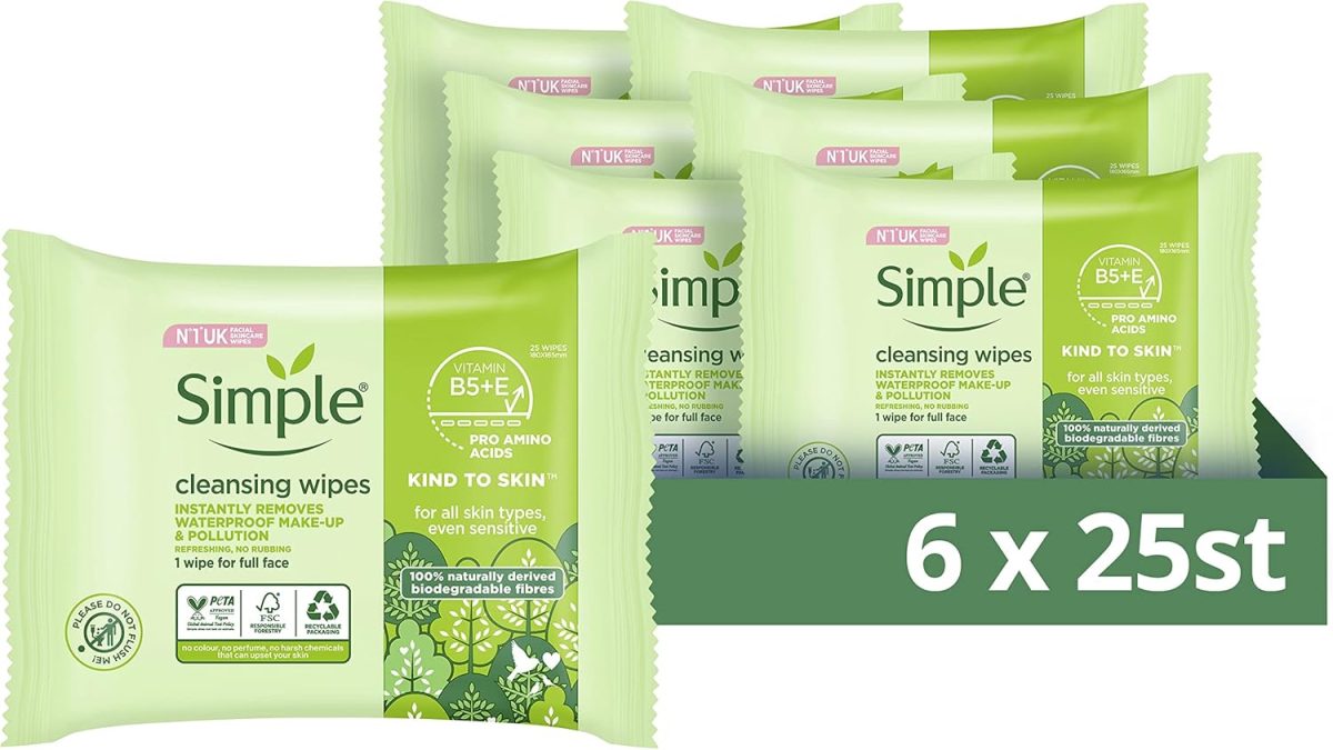 Simple Kind to Skin Cleansing Face Wipes 25 wipes x 6 Packs, Biodegradable Hypoallergenic Facial Wipes for Sensitive Skin, gentle cleansing with Pro-Vitamin B5 and Vitamin E