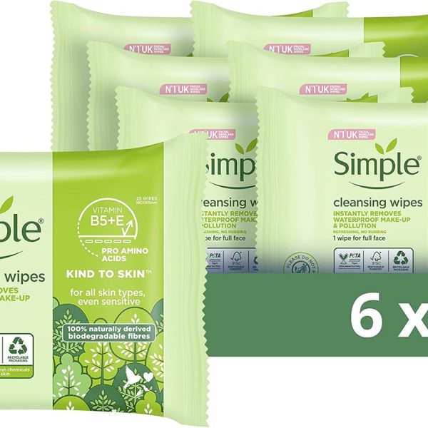 Simple Kind to Skin Cleansing Face Wipes 25 wipes x 6 Packs, Biodegradable Hypoallergenic Facial Wipes for Sensitive Skin, gentle cleansing with Pro-Vitamin B5 and Vitamin E